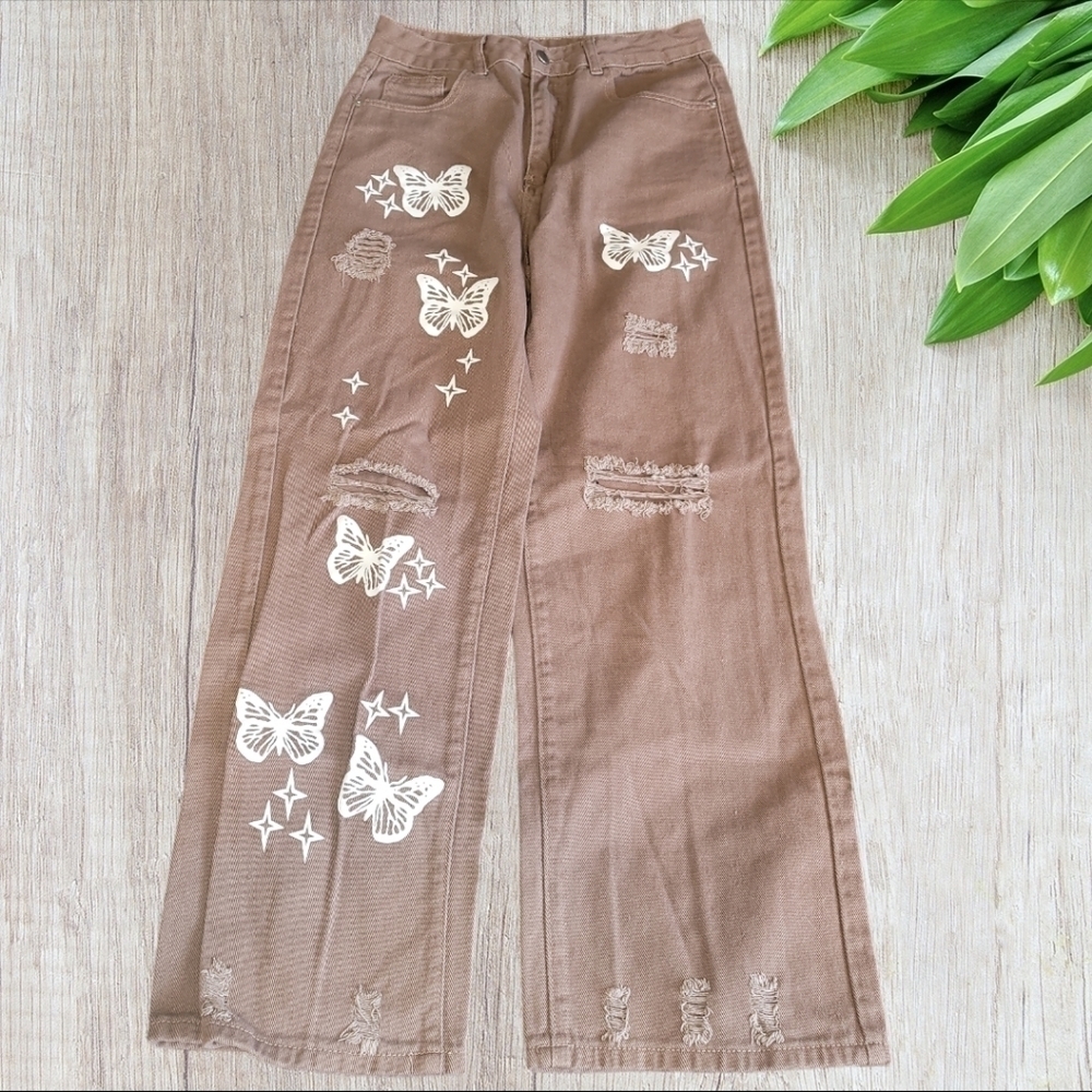 SHEIN EZwear Bleach Wash Ripped Detail Butterfly Jeans Sz 8/10 Mocha Brown - Picture 4 of 7